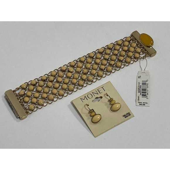 Monet Cream Enamel and Gold Tone Chain Link Bracelet and Earring Set NWT - Picture 3 of 3